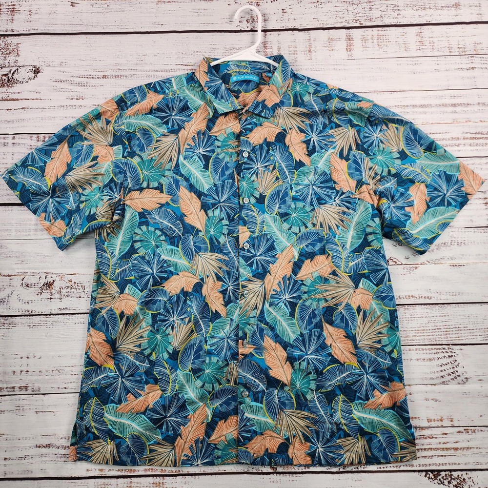 Tori Richard Hawaiian Shirt XL Blue Tropical Leaf Cotton Lawn Made in Hawaii